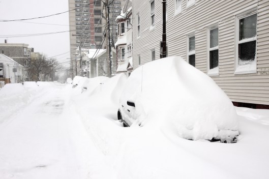 路邊汽車被大雪掩埋，難以辨認